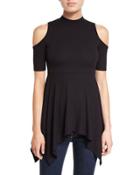 Mock-neck Ribbed Handkerchief Tee, Black
