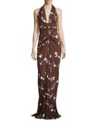 Floral-vine Ruched Gown, Nutmeg/optic White