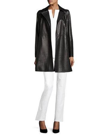 Jeanette Laser-cut Leather Coat, Black