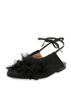 Faux-feather Embellished Ankle-wrap Flat, Black