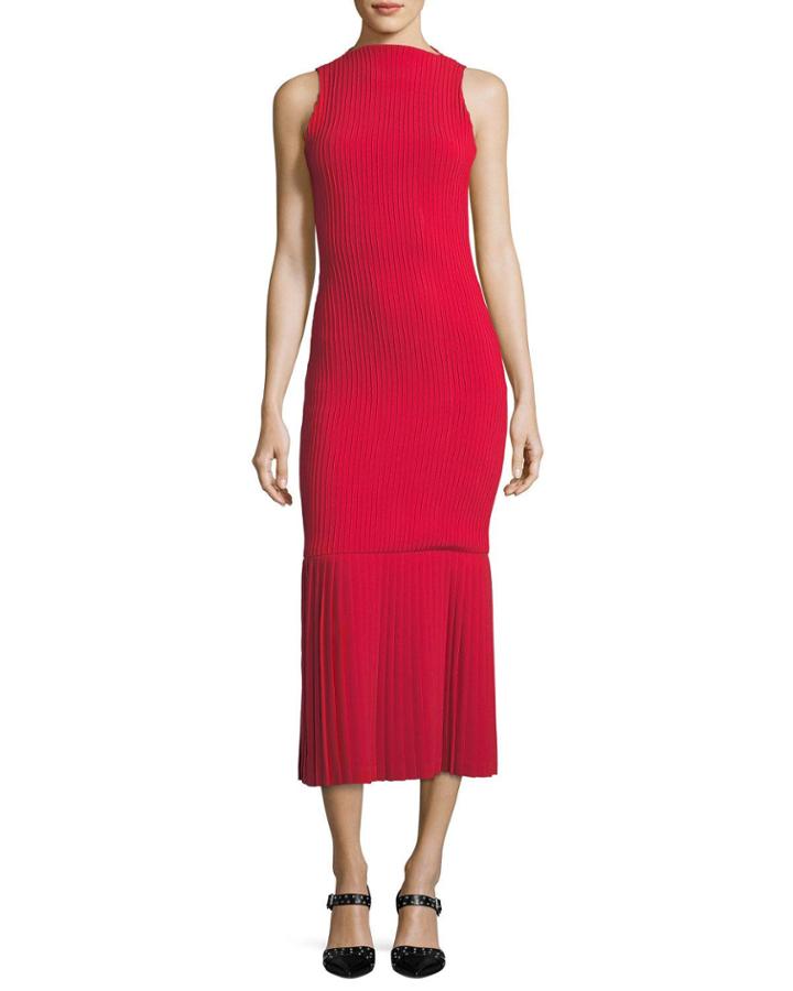 Sleeveless Mock-neck Pintucked Belted Ankle-length Cocktail Dress