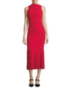 Sleeveless Mock-neck Pintucked Belted Ankle-length Cocktail Dress