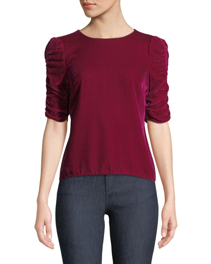 Velvet Ruched-sleeve Crewneck Top