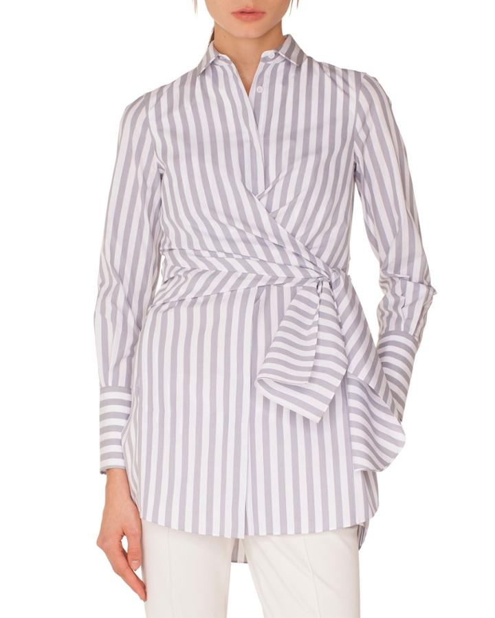 Long-sleeve Button-down Wrap-waist Striped Tunic Blouse