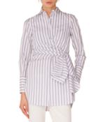 Long-sleeve Button-down Wrap-waist Striped Tunic Blouse
