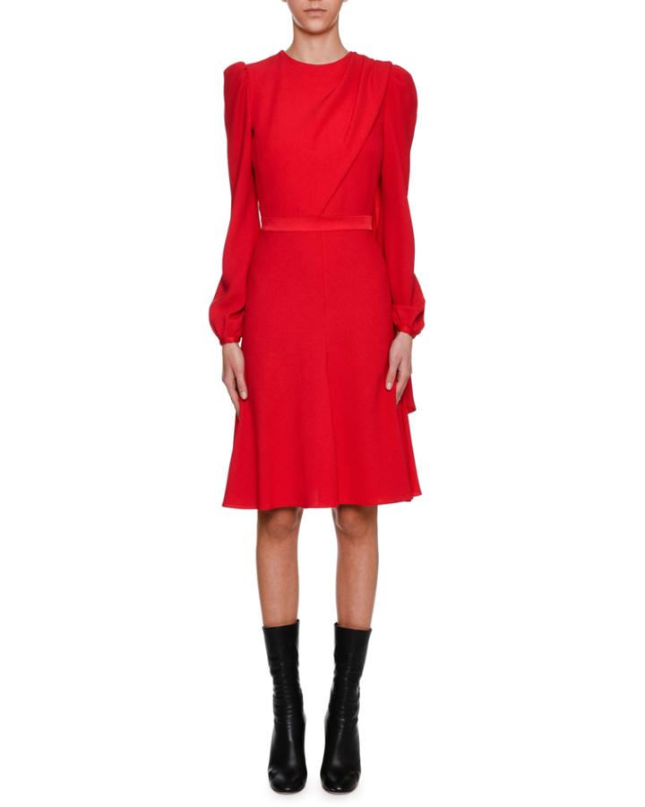 Long-sleeve Crepe Draped-bodice Dress,