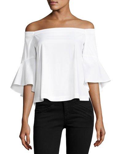 Off-the-shoulder Flounce-sleeve Poplin Top