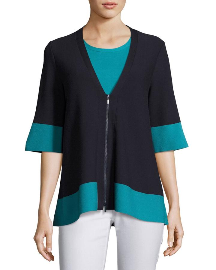 Colorblock Matte Crepe Zip Top, Blue-green