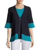 Colorblock Matte Crepe Zip Top, Blue-green
