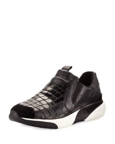 Step Crocodile-embossed Leather Sneaker, Black Combo