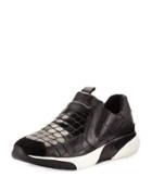 Step Crocodile-embossed Leather Sneaker, Black Combo