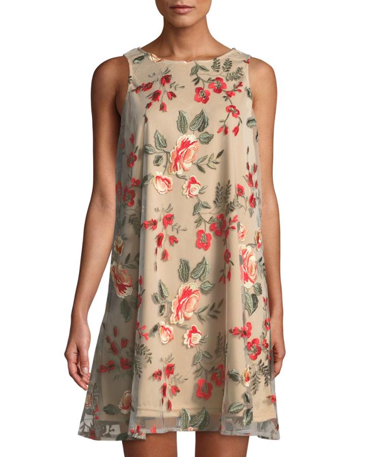 Floral-embroidered Mesh Mini Dress, Beige