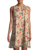 Floral-embroidered Mesh Mini Dress, Beige
