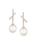 14k South Sea Pearl & Diamond X Bar Drop Earrings