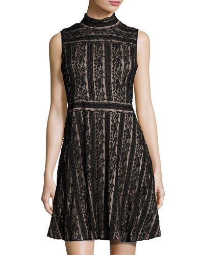 Sleeveless Mock-neck Lace Fit & Flare Dress, Black