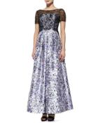 Short-sleeve Lace-bodice Floral Ball Gown