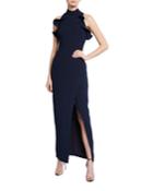 Mock-neck Ruffle-shoulder Column Gown