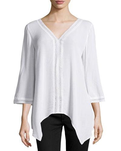 Sheer Crochet-trim V-neck Crinkle Tunic, White