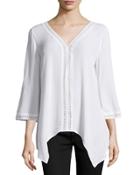 Sheer Crochet-trim V-neck Crinkle Tunic, White