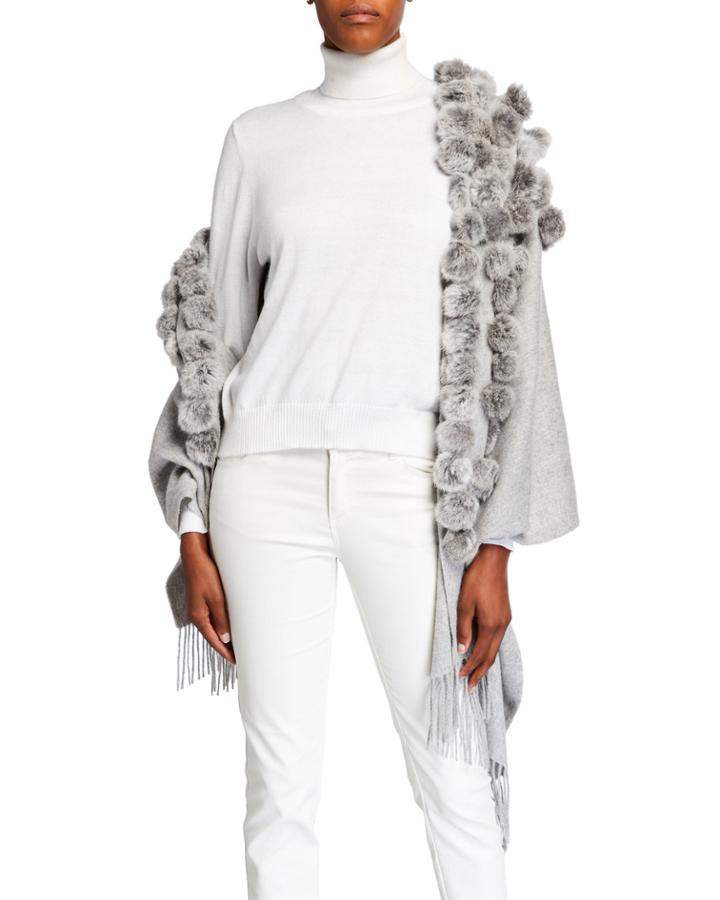 Wool-blend Wrap W/ Fur Pompoms