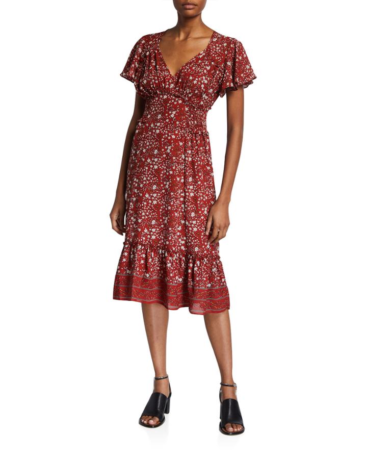 Floral V-neck Short-sleeve Flounce-hem Dress