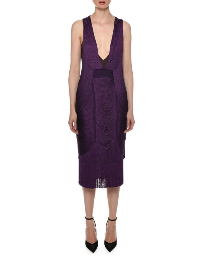 Plunging Racerback Sleeveless Draped-fringe Midi Cocktail Dress