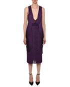 Plunging Racerback Sleeveless Draped-fringe Midi Cocktail Dress