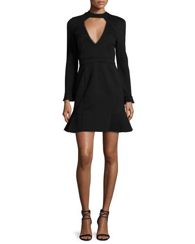 Long-sleeve Lace-trim Mini Dress, Black