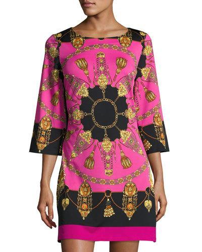 Merrie Printed Bell-sleeve Shift Dress, Wine Regatta