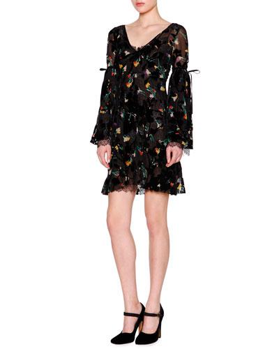 Bell-sleeve V-neck Floral-print Dress, Black/multi