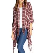 Plaid Third Piece Fringed Open-front Cardigan, Burgundy