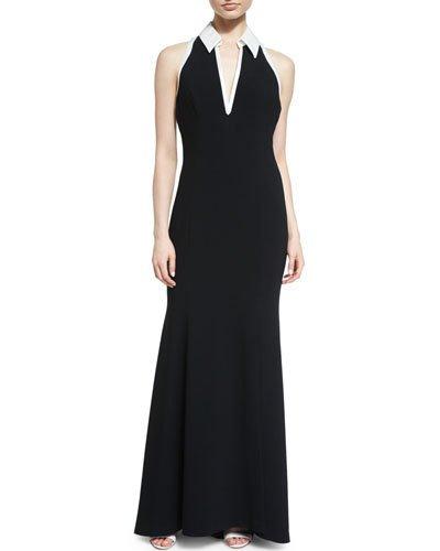 Theia Sleeveless Two-tone Gown, Black/white