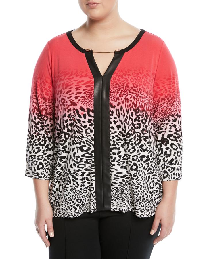 3/4-sleeve Chain-neck Animal Print Tee