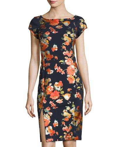 Short-sleeve Foral-print Sheath Dress, Navy/multi