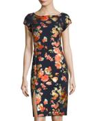 Short-sleeve Foral-print Sheath Dress, Navy/multi