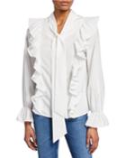 Tie-neck Blouson-sleeve Ruffle Blouse