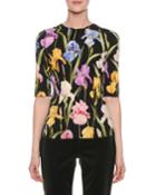 Elbow-sleeve Iris-print Fitted Charmeuse Top