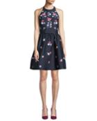 Pom Embroidered Floral Halter Dress