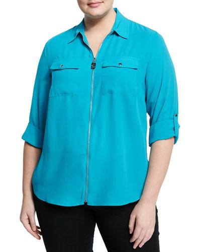 Dog-tag Zip-front Top, Dark Blue,