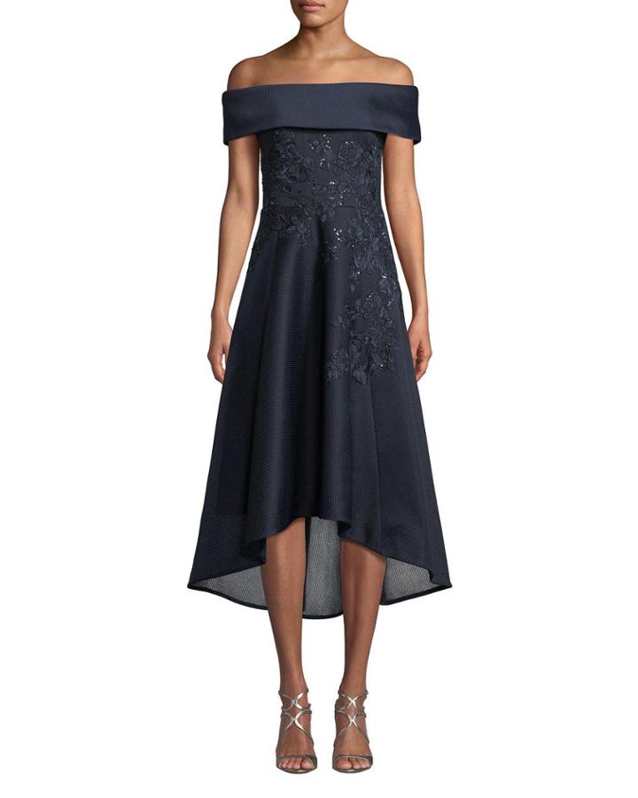 Off-the-shoulder Embroidered Neoprene High-low Dress
