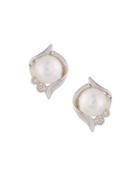 14k White Gold Pearl & Diamond Stud Earrings,