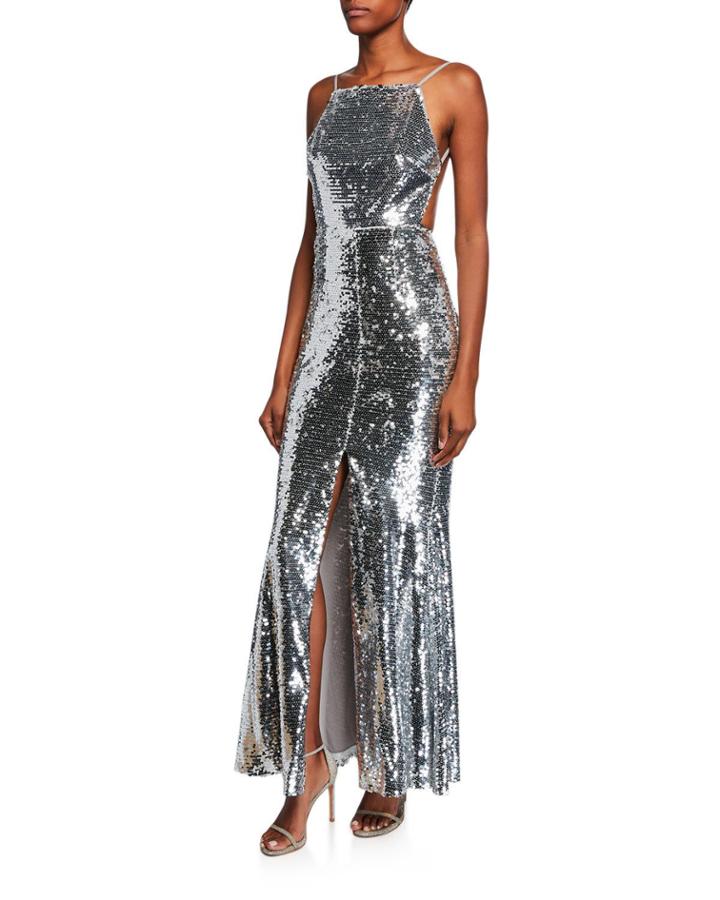 Sequin Halter Low-back Gown With