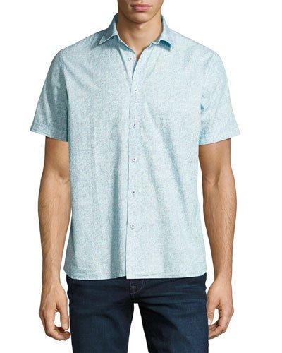Marble-print Short-sleeve Shirt, Turquoise