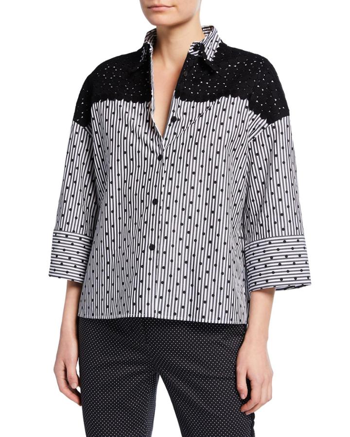 3/4-sleeve Striped Lace-yoke