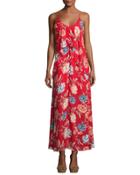 Floral-print Chiffon Maxi Dress W/ Popover, Red Pattern