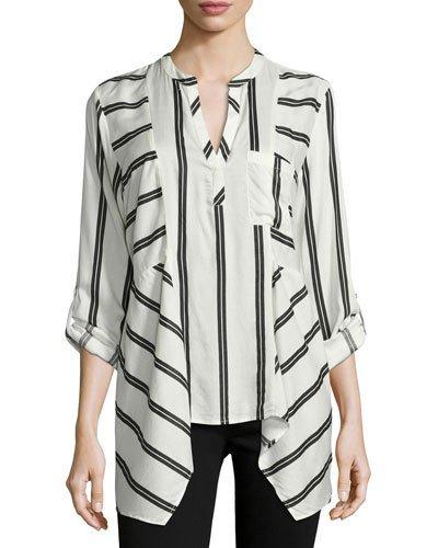 Striped Sharkbite-hem Tunic, White/black