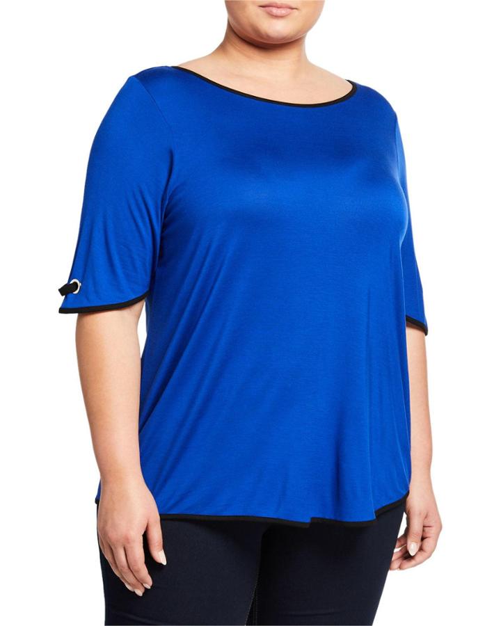 Plus Size Boat-neck Contrast-trim Grommet Top