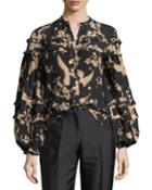Button-front Printed Blouson-sleeve