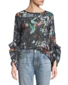 Printed-chiffon Pleated Bell-sleeve Blouse