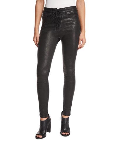 High-rise Lace-up Leather Jeans, Black